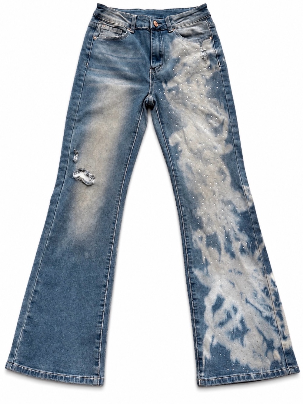 Reworked Rhinestone Artisan Bleached Distressed Wide Leg Jeans OOAK Y2K Boho XS - Picture 8 of 14